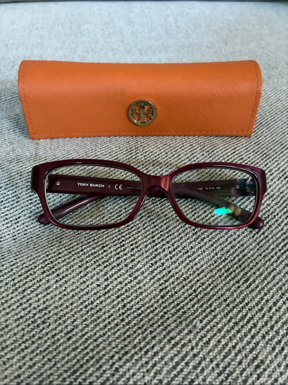 Tory Burch Women's Deep Burgundy Rectangular Glasses with Orange Case